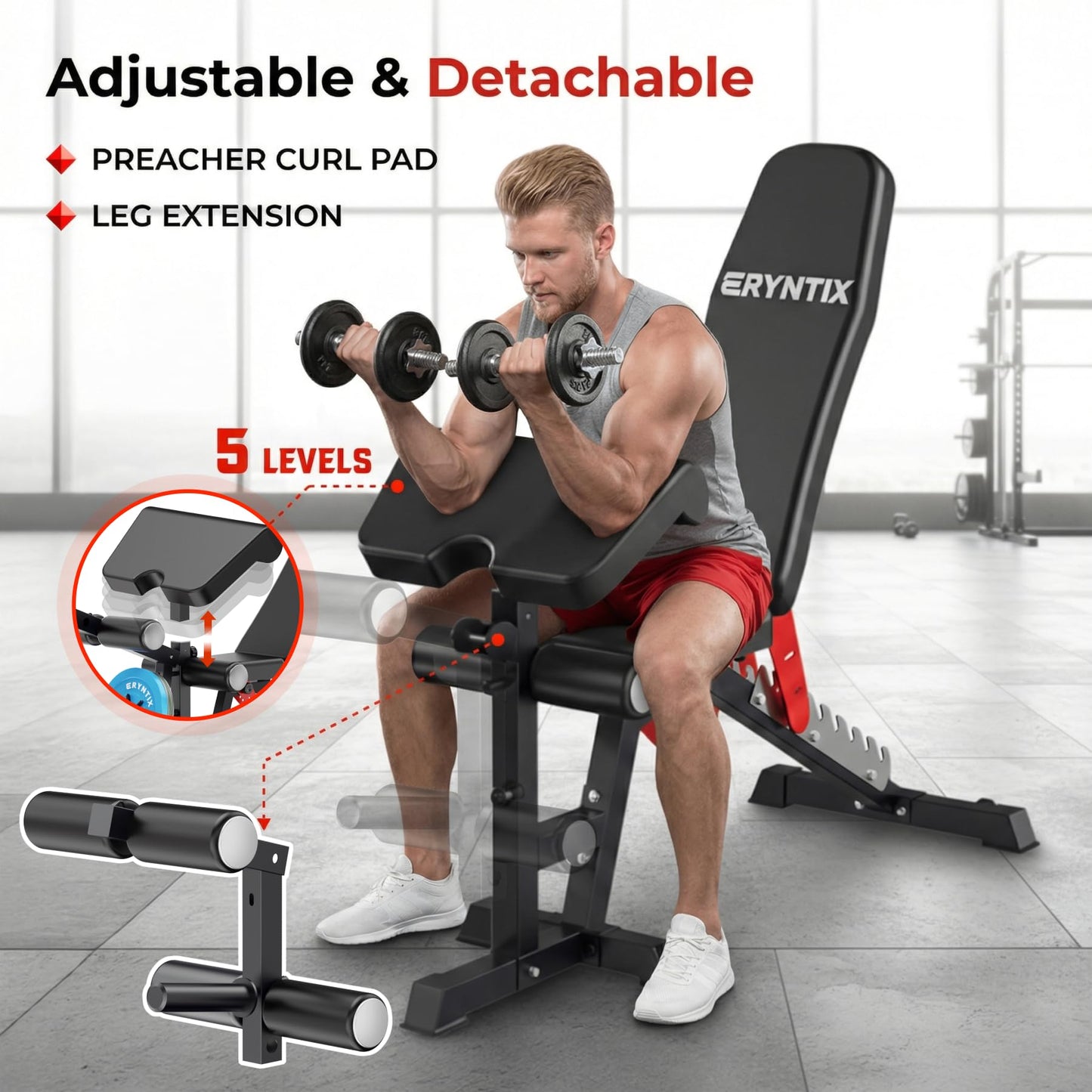 Eryntix Adjustable Workout Bench, 1600LBS Heavy-Duty Weight Bench with Leg Extension/Curl, Preacher Pad, 7-Position Incline/Decline/Flat, ISCC PLUS Certified for Home Gym Full Body Strength Training (Black, M1 Pro)