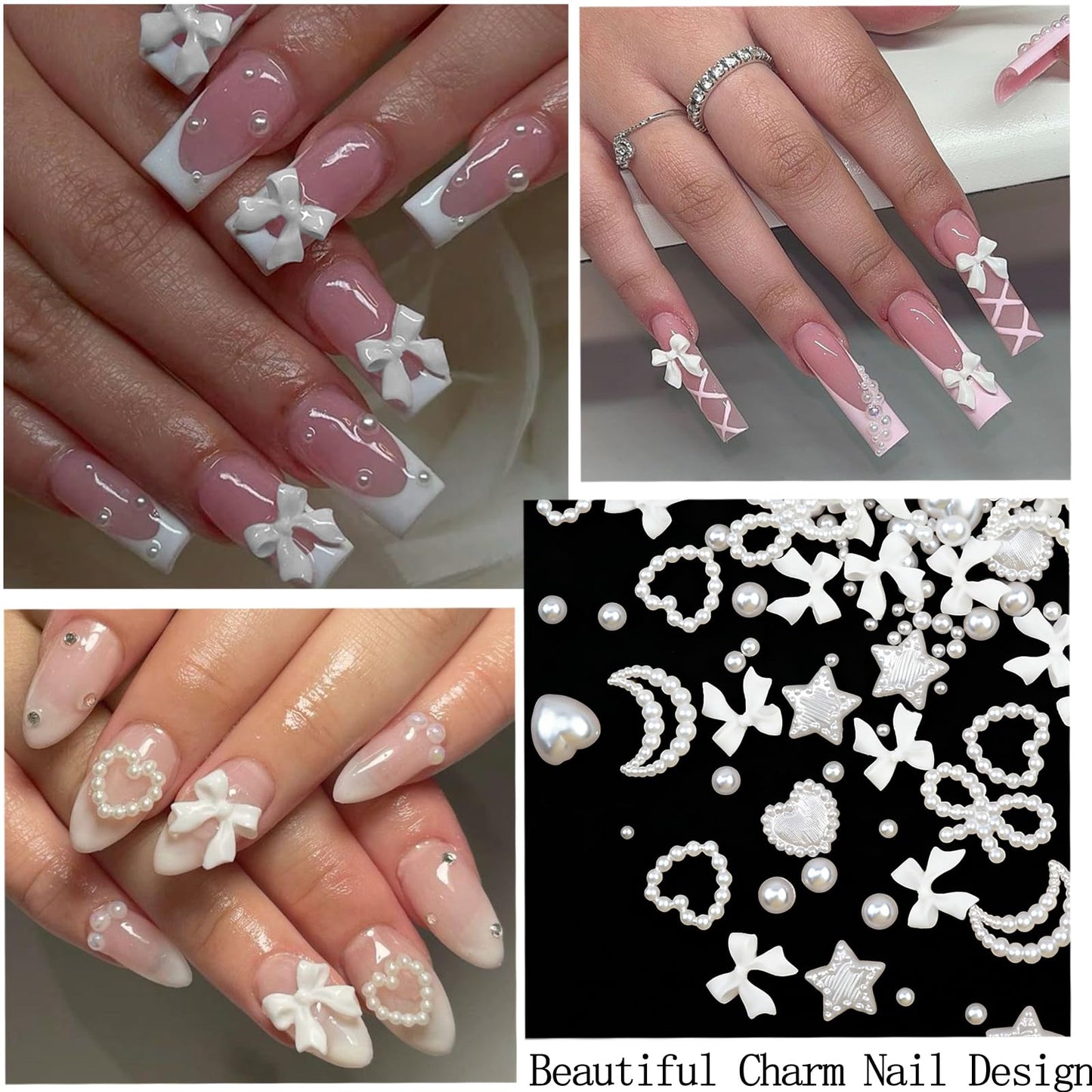 SEMATA White Flatback Nail Art Pearls Charms White Flower Bow Nail Gems Jewelry Mixed Size Nails Pearls Stone Moon Heart Stars Nails Art Accessories Decoration Design for Women