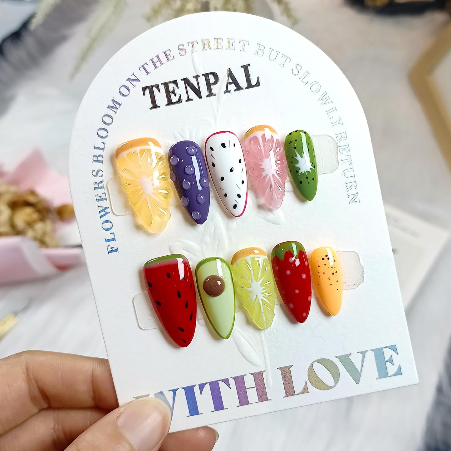 TENPAL Summer Fruit Press on Nails - Vibrant Almond Shaped Fake Nails with Kiwi, Watermelon & Avocado Designs | Reusable Colorful Nail Art for Women | Tropical Fruit Manicure Set (Medium Length,XS)