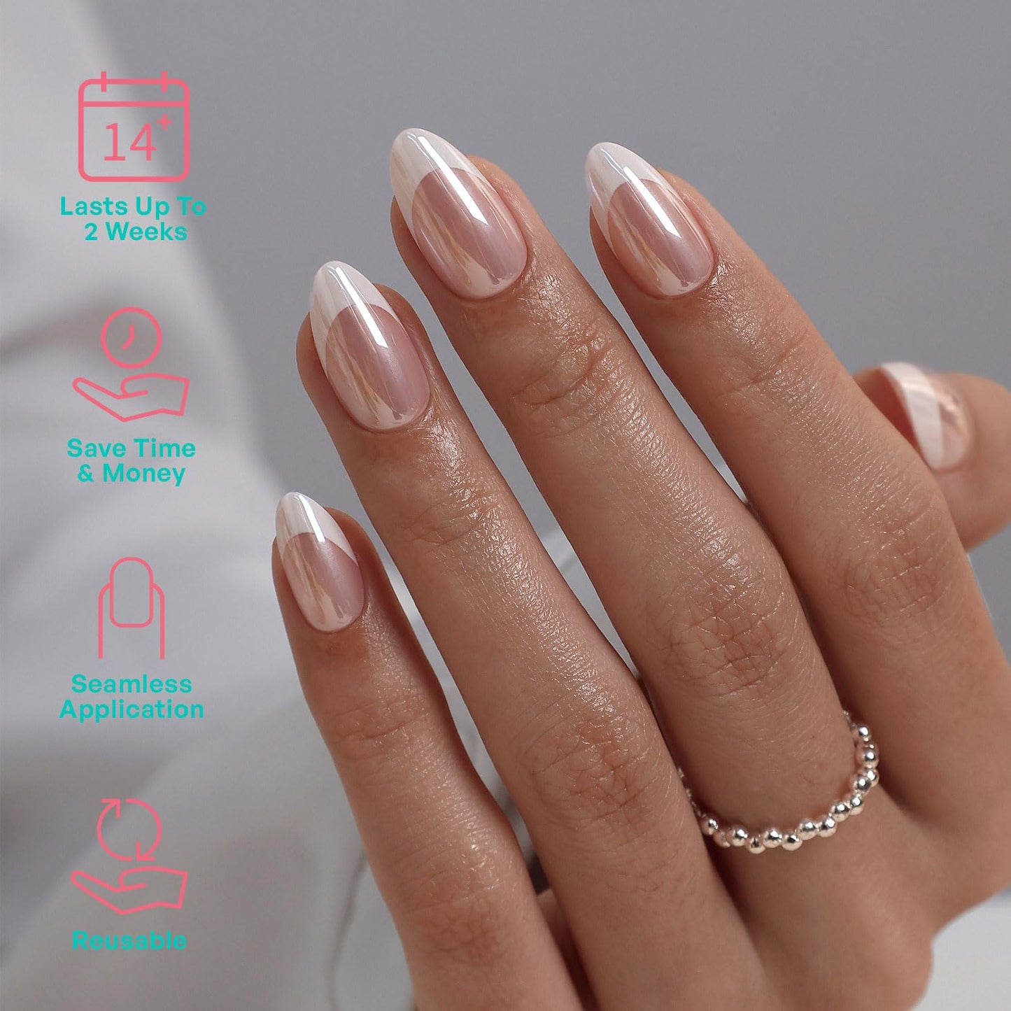Pink Chrome French Tip Press On Nails - GJZEZ Soft Gel Short Almond Cute Spring Glazed Donut Aurora Pearlescent Fake Nail Gifts for Bridal, Salon Quality Reusable Nail | 16 Sizes - 32 pcs, Blush Glow