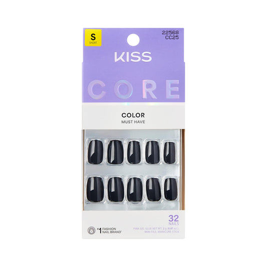 Kiss Core, Press On Nails, Nail glue included, 'Photogenic', Black, Short Size, Squoval Shape, Includes 32 Nails, 2g Glue, 1 Manicure Stick, 1 Mini File