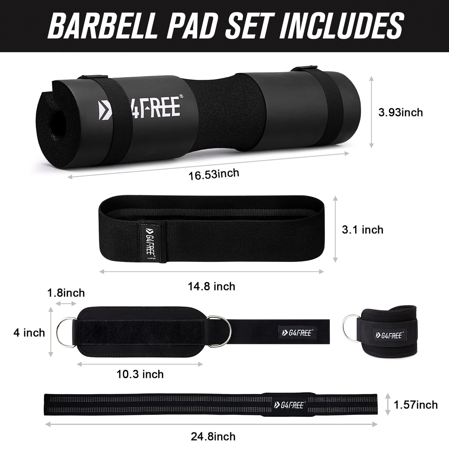 G4Free 9Pcs Barbell Pad Set for Squat, Hip Thrusts, Lunges, Leg day, Standard Olympic Bars with 2 Gym Ankle Safety Straps, 3 Hip Resistance Bands, 2 Lifting Strap, Barbell Pad, and Carry Bag (Black)