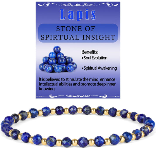 QOGIR Lapis - Stone of Spiritual Insight - 14K Gold Plated Beads Natural Gemstone Stretch Elastic Dainty Healing Beaded Bracelets Gifts 4mm