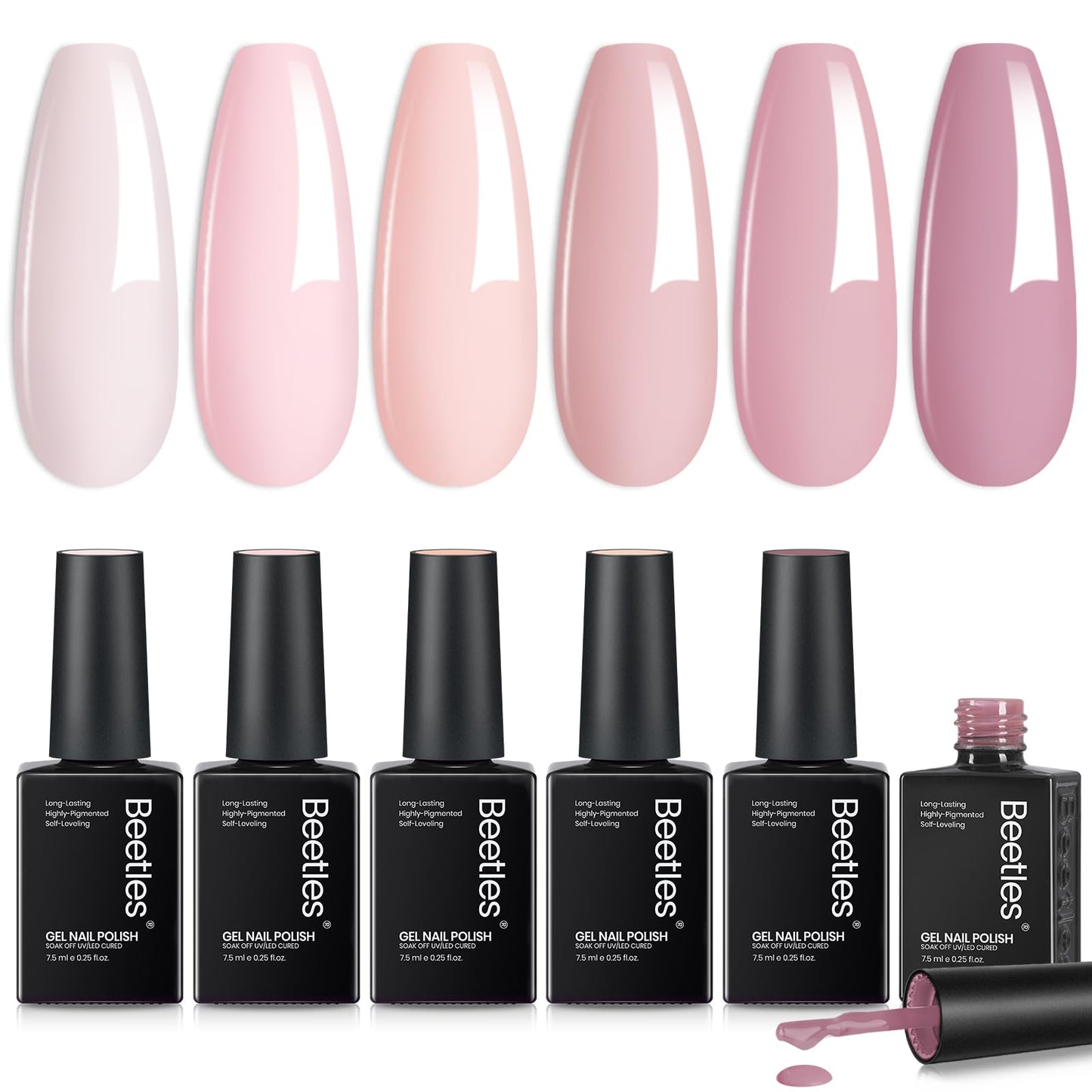 Beetles Milky White Press On Nails Short Squoval, 32pcs 16 Sizes, Soft Gel, Glue and Tabs, HEMA and TPO Free & Nude Pink Gel Polish Set 6 Colors, TPO & HEMA Free, Spring Manicure Kit