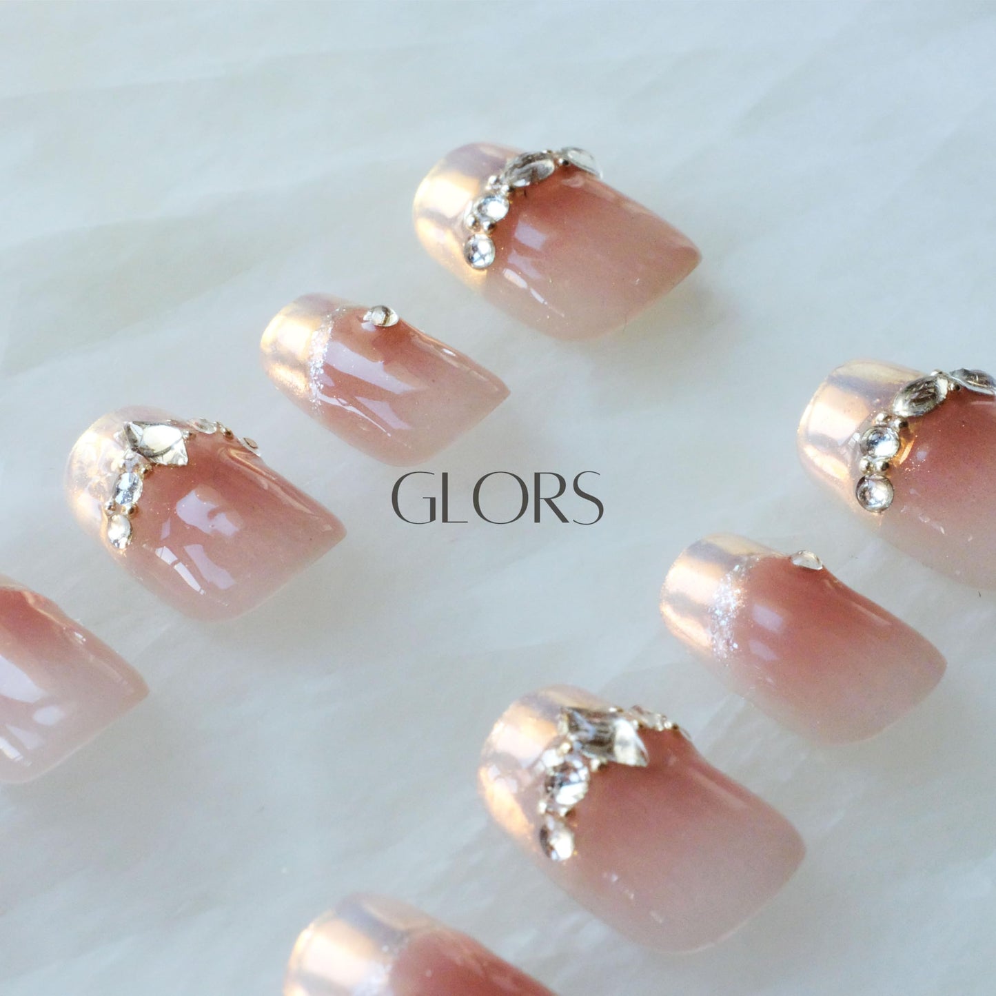 [GLORS] Purely Handmade Press On Nails | Moon Dream - French-style Pink Nail Tips with Diamond | Salon Quality Fake False Nails in Short Square 10 pieces (XS, SS)