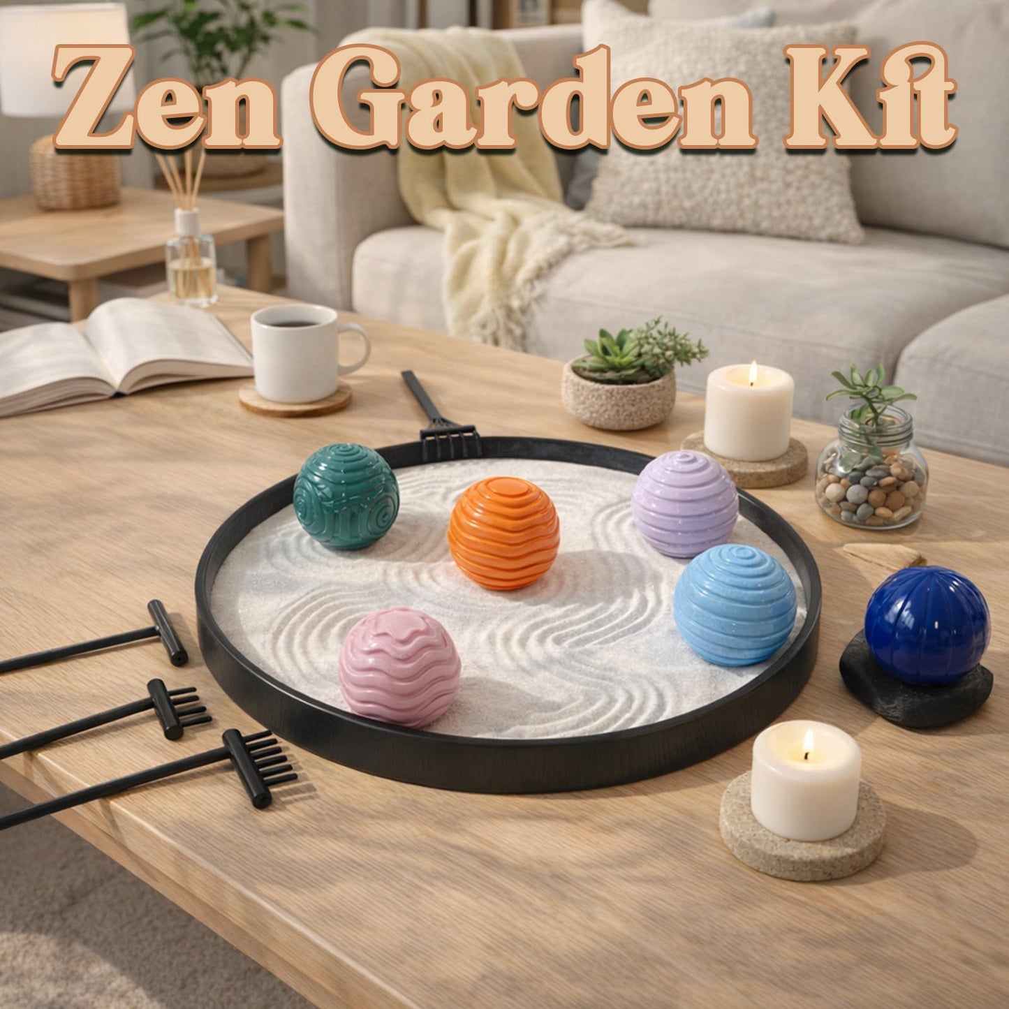Wowagoga Desk Zen Garden Kit with 6 Textured Sensory Balls, Sand & Tools, Mini Meditation Set for Stress Relief and Desktop Decor