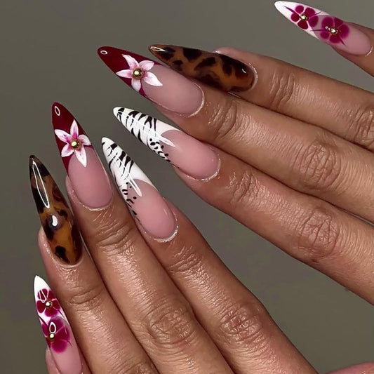 IMRAIN Press on Nails Long Stiletto Fake Nails Red Brown Flower, Leopard Print Designs Fall Glossy Glue on Nails