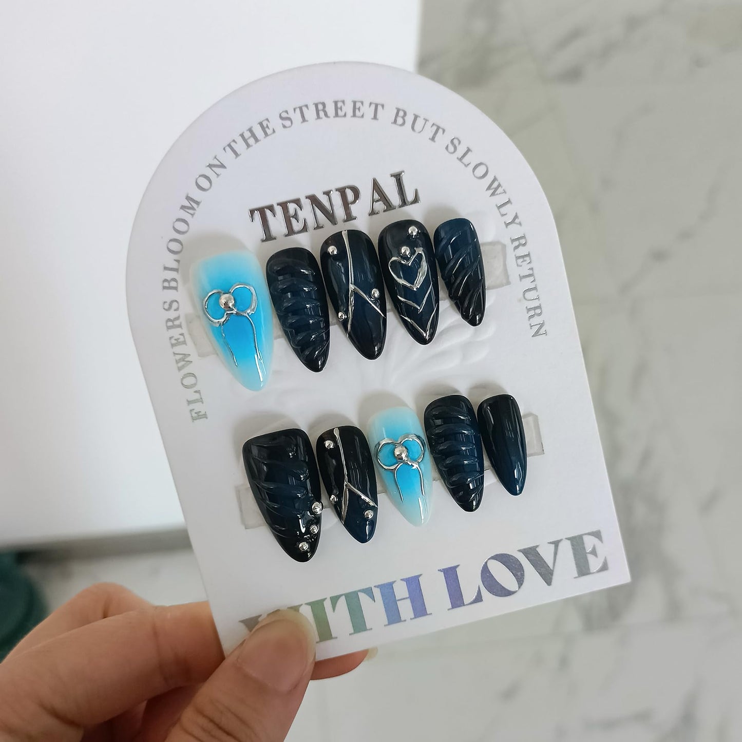 TENPAL Metal Embellished Fake Nails Almond Shape,Navy Blue Glossy Fake Nails with Silver Bows & Steel Beads,3D Water Drop Design Handmade Soft Gel Nails,Sweet Acrylic Press on Nails,10pcs S Size