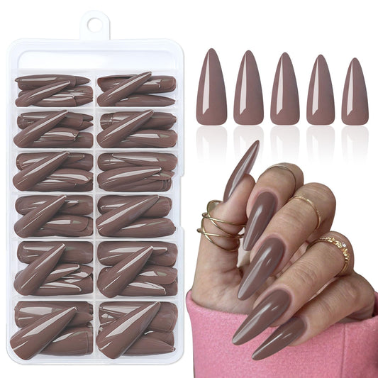 144pc Brown Press on Nails Long Stiletto Fake Nails with Glue Tabs, Brown Nails Press ons Nails Stiletto Glue on Nail Pointy Acrylic Nails Stick False Artificial Fingernail for Women Girls