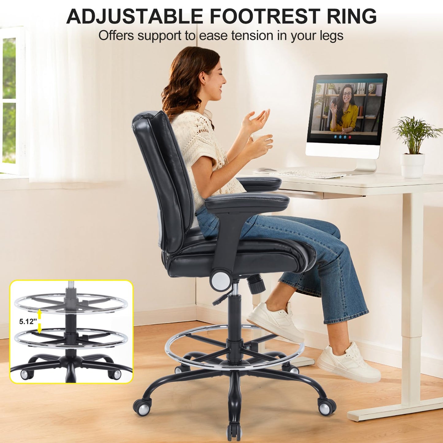 OLYFING Drafting Chair, Tall Office Chair with Padded Adjustable Arms and Footring PU Leather Standing Desk Chair with Extra Thicken Seat Cushion, Comfy High Office Chair for Counter Height Desk