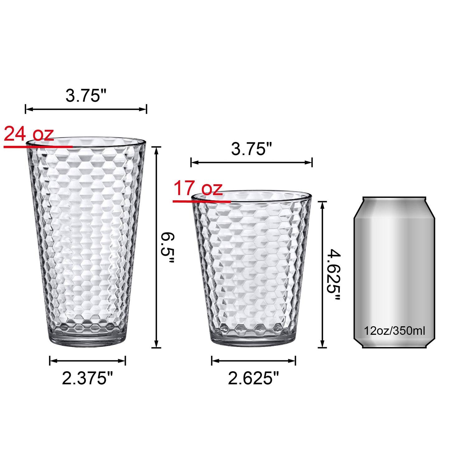 Amazing Abby - Snowflake - 16-Ounce and 24-Ounce Tumblers (Set of 12), Clear Reusable Plastic Cups, Stackable, BPA-Free, Shatter-Proof, Dishwasher-Safe