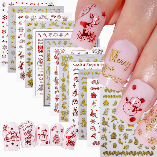 12PCS Christmas Nail Stickers Gold & Red Holographic Nail Art Stickers Festive Reindeer Snowflake Self Adhesive Nail Decals Santa Nail Art Supplies for Women Girls DIY Manicure Nail Art Decorations