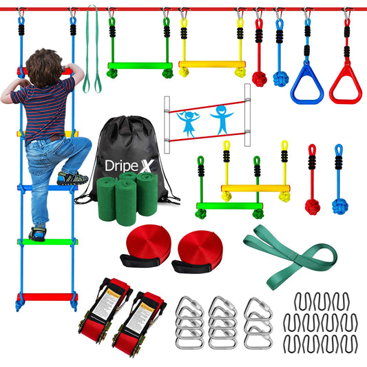 Dripex Ninja Warrior Obstacle Course for Kids, 2×50ft Slack Lines for Backyard with 8 Ninja Accessories - Monkey Bar, Rope Ladder, Gymnastic Ring, Arm Trainer and Monkey Fist