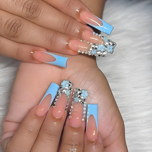 Long Press on Nails Square Fake Nails French Tip False Nails Blue Artificial Nails with Designs Stick on Nails for Women 24pcs