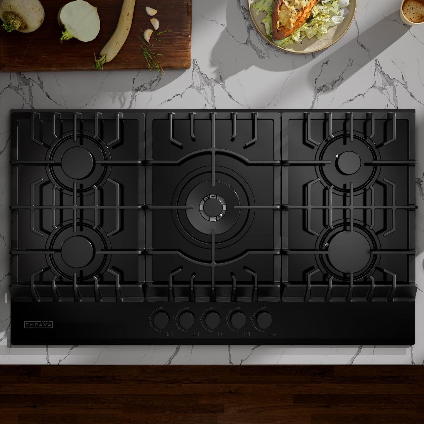 Empava 36" Cooktop with 5 Italy Sabaf Sealed Burners NG/LPG Convertible Tempered Glass in Black Model 2025, Gas 36In