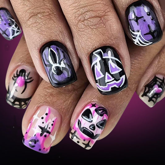 CJDLTS 24Pcs Halloween Press on Nails Short Square Spider Pumpkin False Nail Acrylic Artificial Fingernails Heart Spider Web Flame Design Full Cover Glossy Festival Stick on Nails for Women Supplies