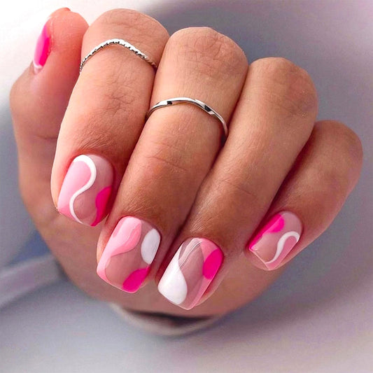 Square Press on Nails Short False Nails Rose Red with White Curve Glue on Nails Nude Full Cover Fake Nails Press ons Glossy Acrylic Nails Artificial Stick on Nails for Women 24Pcs