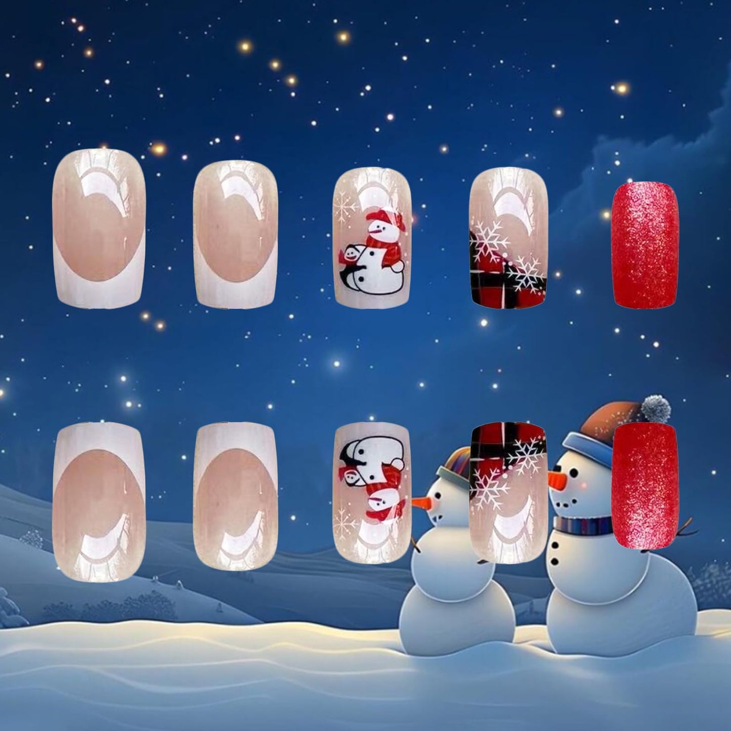 Christmas Medium Square False Nails Snowflake Press on Nails Snowman Gel Glue on Nail 24Pcs Silver Glitter Stick on Fingernails Glossy White French Tips Acrylic Fake Nail for Women Xmas Gift