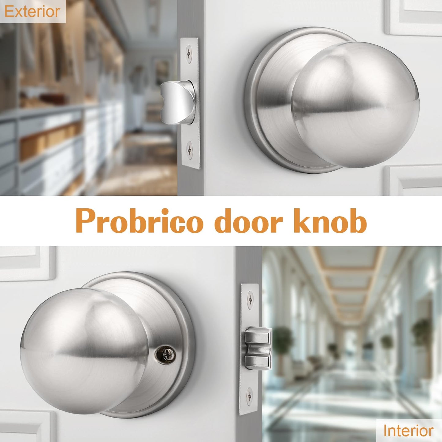 Probrico Brushed Nickel Passage Door Knob for Hallway Closet, Keyless Interior Door Knobs, Non-Locking Round Door Knob, 8 Pack
