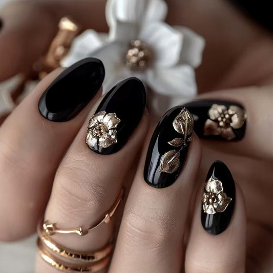 octoswave Press on Nails Short Almond Fake Nails Black Artificial Nail with Gold Flowers Stick on Nail for Women 24pcs