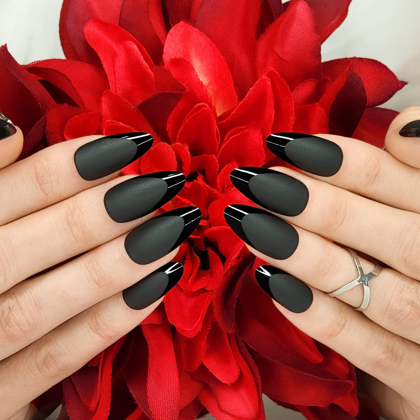 Hypnaughty Press On Nails - Caviar Black Almond & Noir Matte Black Coffin, Trendy & Salon Quality Reusable Nails With Kit