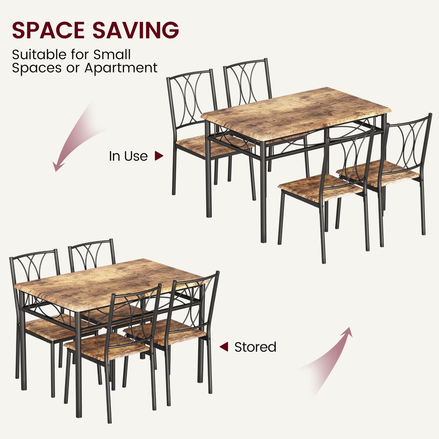 CABIHOME Dining Table Set for 4, Kitchen Table Set with 4 Chairs, Rectangular Dining Table Set for 4, Kitchen Table Set for Apartment, Small Space, Dining Room, Retro Brown