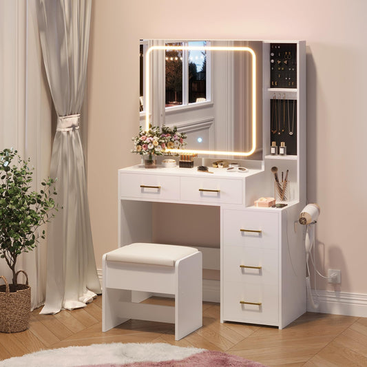 IDEALHOUSE Vanity Desk with Mirror and Lights, Makeup Vanity Set with Drawers & Chair, 3 Light Mode and Brightness Adjusted & Power Outlet, Dressing Table with Hairdryer Holder for Bedroom