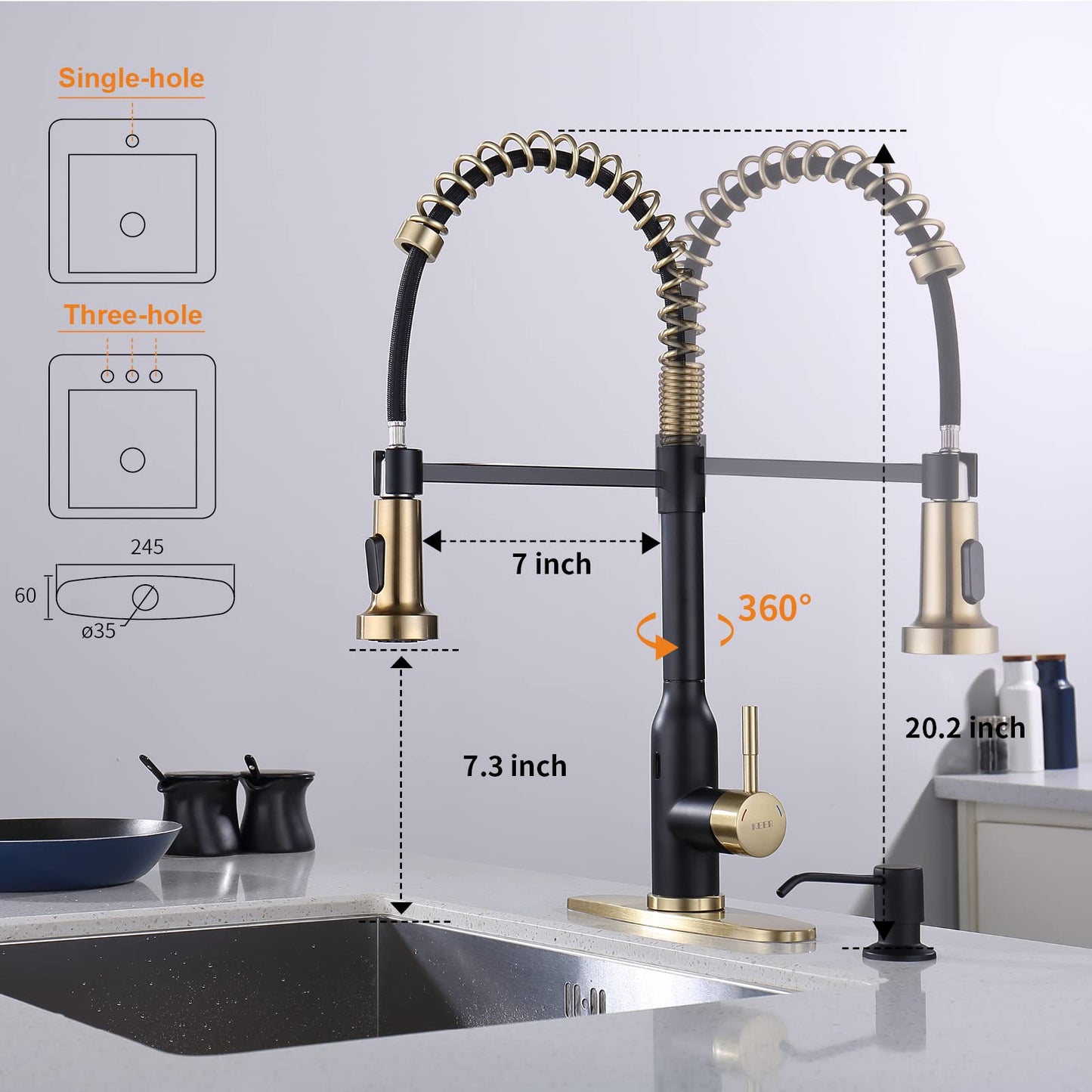 Touchless Kitchen Faucet ， KEER Smart Motion Sensor Hands Free Single Handle Spring Kitchen Sink Faucet with Pull Down Sprayer,Matte Black Gold
