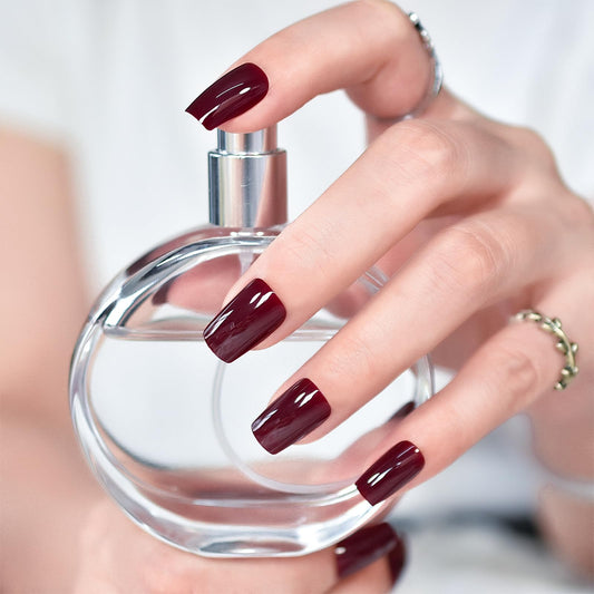 Claret Red Press on Nails - iBeautying False Nails - Dark Wine Red Brown Finish Finger Daily Wear Nail - Medium Square Acrylic Reusable Fake Nails 24pcs