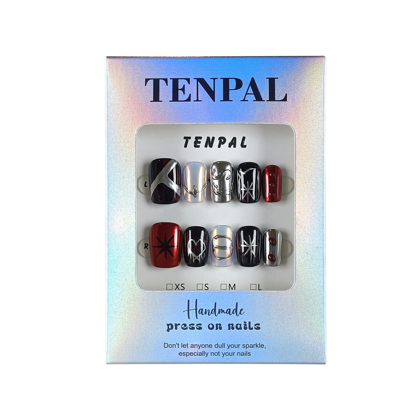 TENPAL Gothic Press On Nails With Tools,Y2K Spider Web Embossed Short Square Glossy Chrome Glue on Nails,Dark Sweet Cool Acrylic Fake Nails,Silver White Red Metal Artificial False Nails 10Pcs(XS)