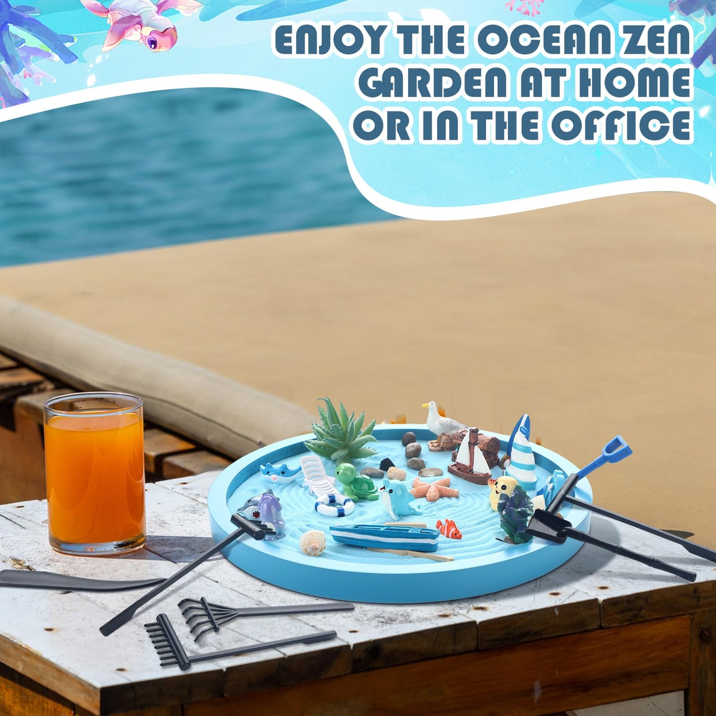 Halloscume Zen Garden Gift for Desk 36 Pcs Beautiful Japanese Beach Sea Decor Zen DIY Set with Ocean Decorative, Tools Blue Tray, Sand for Home, Office Desk Accessories (Including Gift Box)