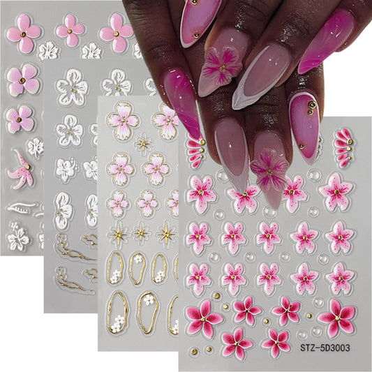 4 Sheet 5D Embossed Nail Stickers Flower Nail Art Stickers Decals for Spring Nail Supplies Pink Floral Nails Art Design Daisy Gold 3D Self-Adhesive Manicure Decoration for Women Nails Supplies