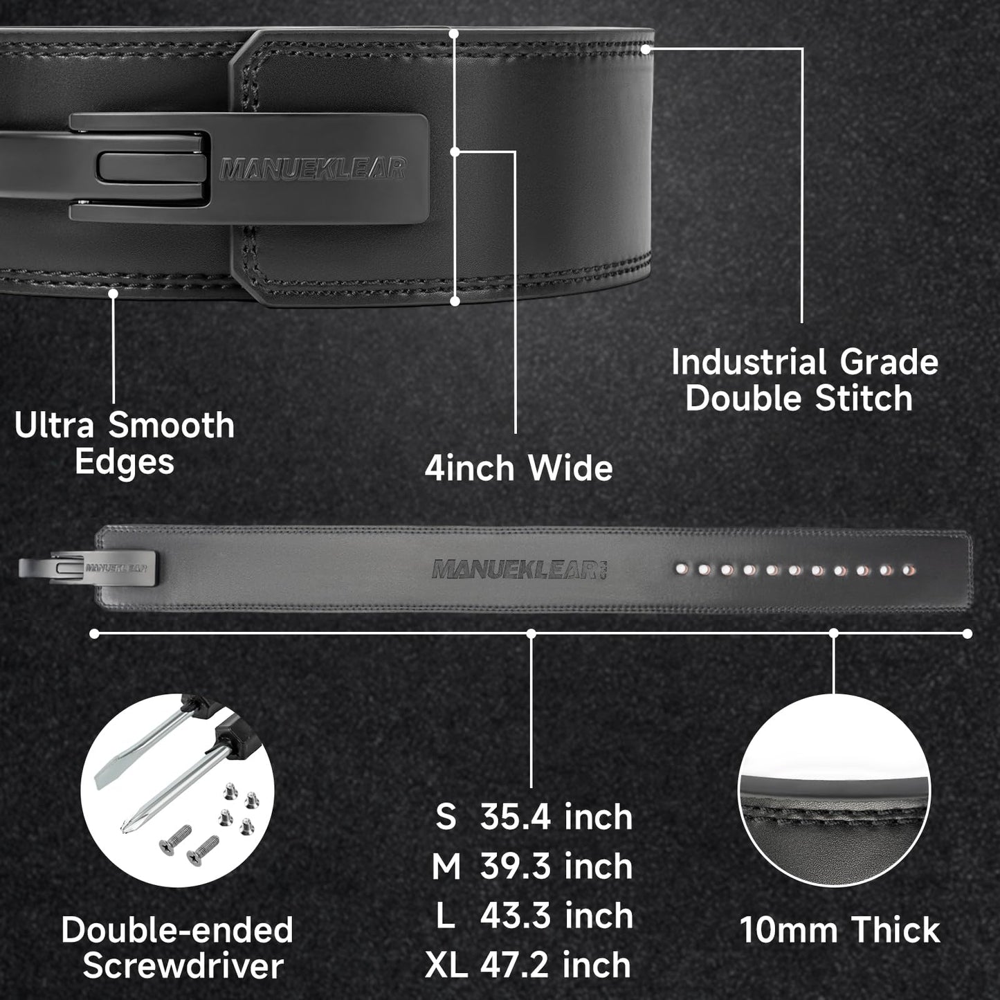 MANUEKLEAR 10mm Thick & 4inch Wide Weight Lifting Belt Lever, Lever Belt Weightlifting for Men and Women, Powerlifting Lever Gym Belt for Squat Deadlift Workout (Black, L(34-40inches))