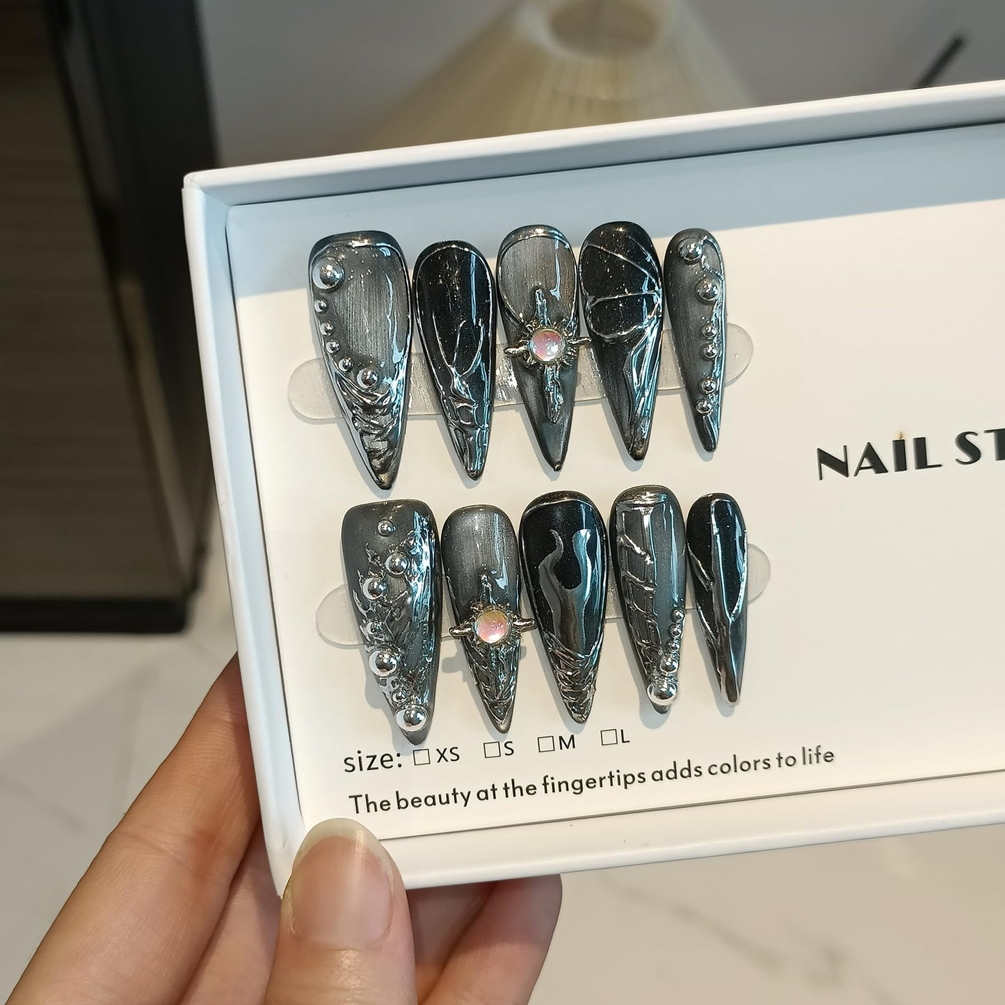 TENPAL Cat Eye Black & Mirror Powder Gradient Obsidian Press on Nails Long Stiletto,Hand-Painted Butterfly & Meteor Designs Fake Nails with Tools,3D Crystal Gothic Punk Nail Kit with Tools 10pcs(S)