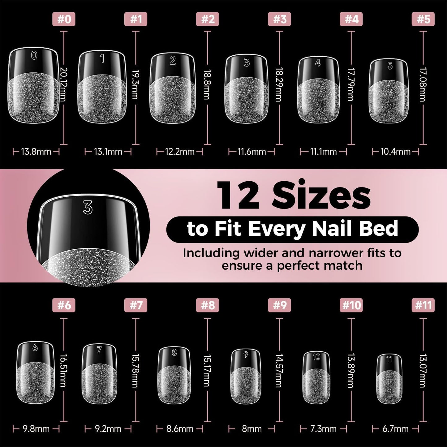 Luckyfairy Square Nail Tips: 240Pcs Short Squoval Soft Gel Tips, Pre-Etched Full Cover Gelly Fake Nails, No Filing Needed, Thin Cuticle & Thick Tip Clear Extension System for DIY Home Salon 12 Sizes