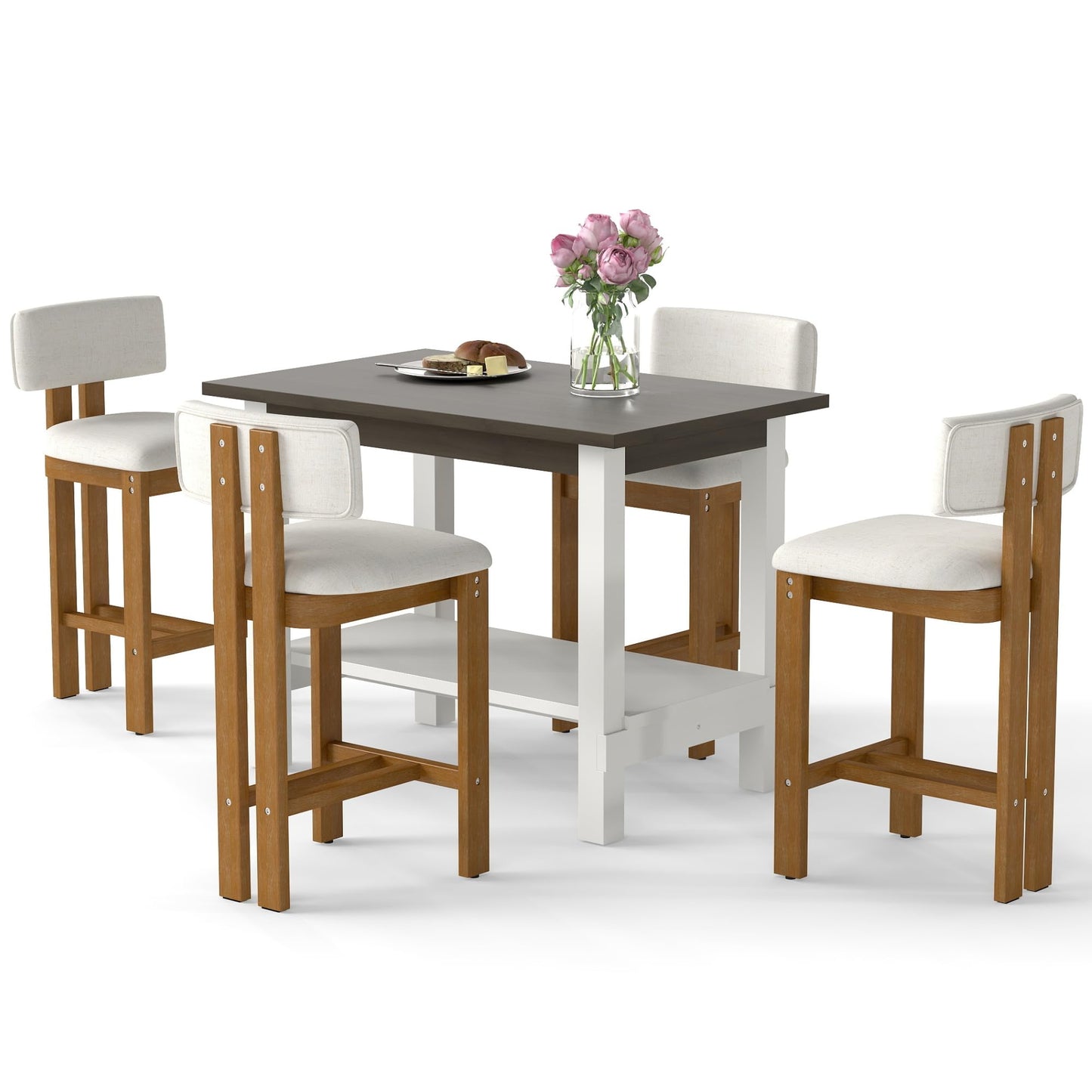 Janoray 5-Piece Counter Height Dining Table Set for 4, Bar Height Table and 4 Bar Stools for Kitchen Island/Dining Room(Brown Table & White Barstools)