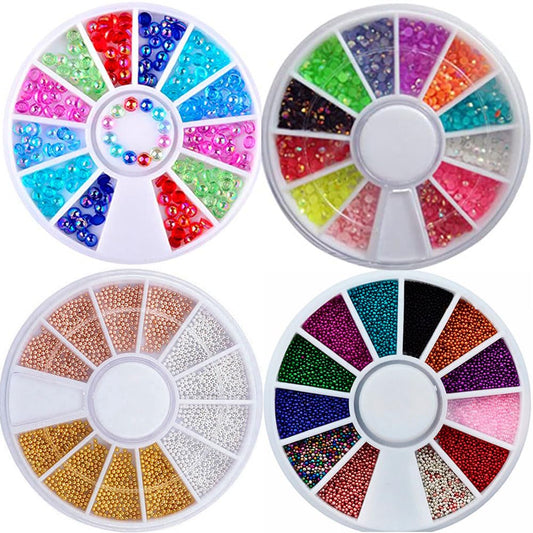 Mesiyun 3D Nail Art Rhinestones Nail Metal Caviar Beads Sparkle Charms Pearls Fashion Nail Art Decorations 4 Wheels