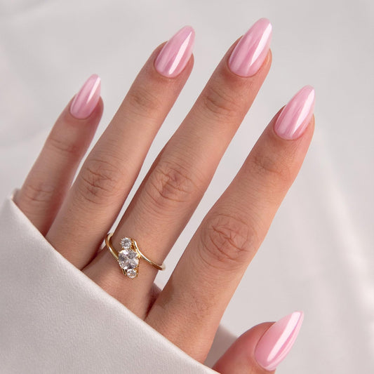 Light Pink Chrome Press on Nails Short - GJZEZ Soft Gel Shimmer Glazed Donut Almond Fake Nails Press Ons, Holographic Pearlescent Iridescent Faux Nail Gifts for Women| 16 Sizes - 32 Reusable Nail