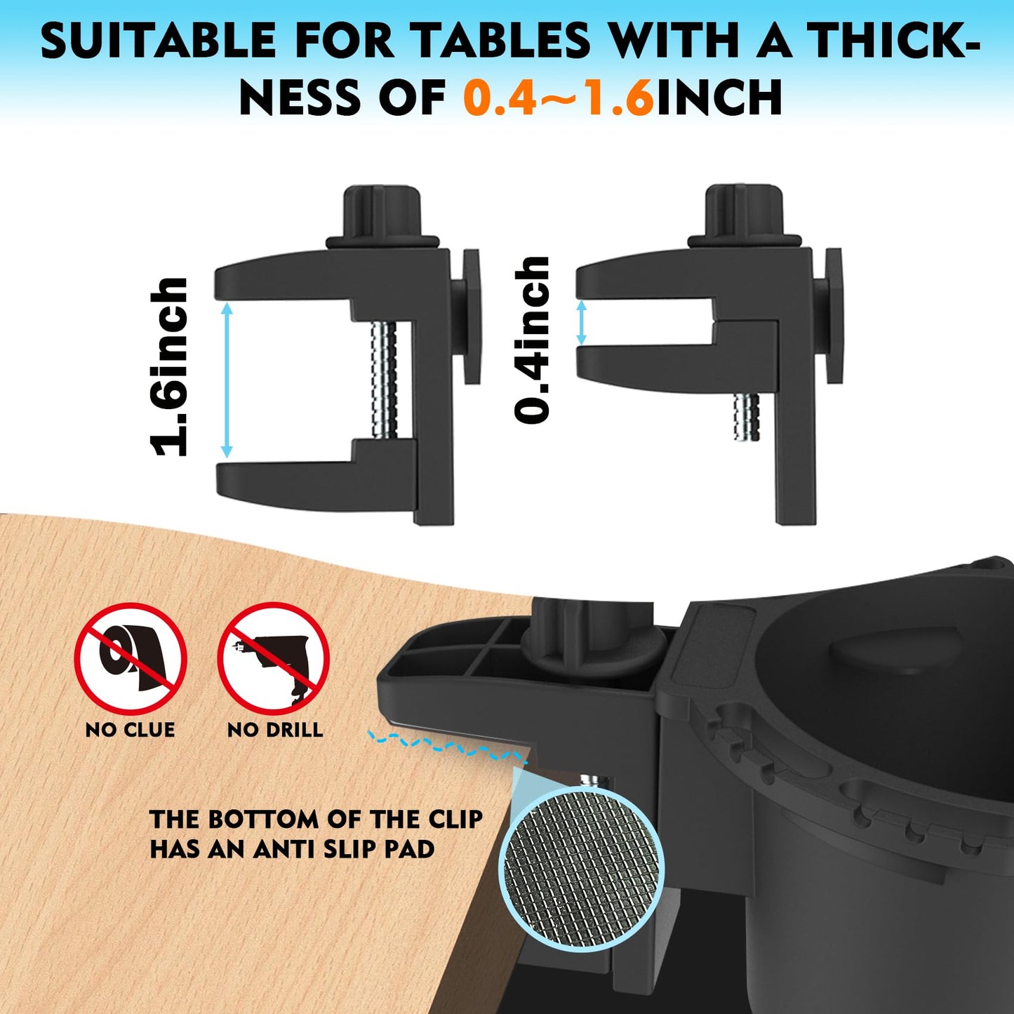 Desk Cup Holder with Headphone Hanger, Clip on Cup Holders for Desks with Spill-Proof Cup Design, Easy to Install, Enough to Hold 8-28OZ Coffee Cups, Water Bottles. (Black, Large)