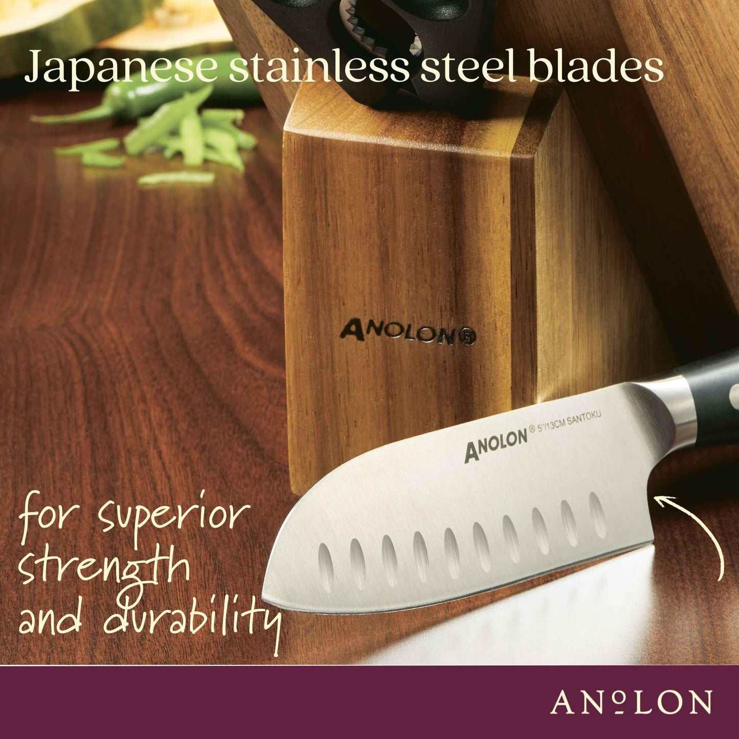 Anolon AlwaysSharp Japanese Steel Knife Block Set with Built-In Sharpener, 8 Piece