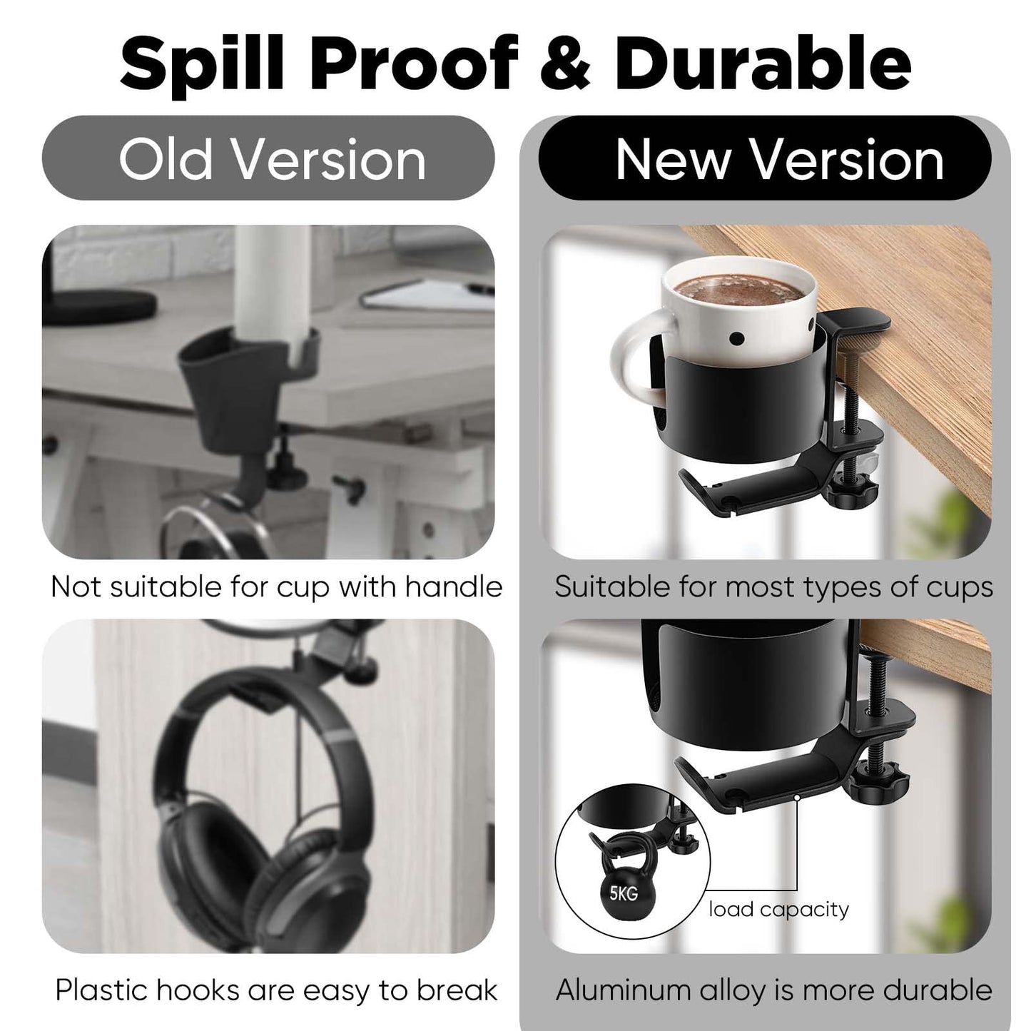 OOKUU 2 in 1 Desk Cup Holder with Headphone Hanger, Anti-Spill Cup Holder for Desk or Table, Easy to Install, Sturdy and Durable, Enough to Hold Coffee Mups, Water Bottles, Headphones