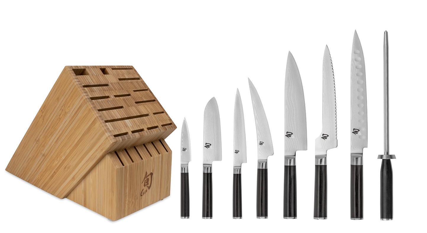 Shun Classic 9 Piece Chef’s Block Set, Includes 7 Shun Classic Knives, Honing Steel and 22-Slot Knife Block, Handcrafted Japanese Knife Set, Damascus Stainless Steel Cladding, Pakkawood Handle