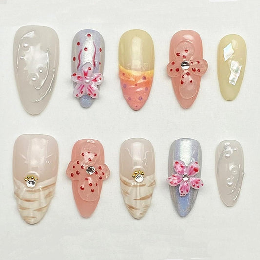 Handmade Press on Nails Medium Almond 3D Flower Fake Nails Unique False Nails with Designs Rhinestones Pearls Glossy Glue on Reusable Thick Acrylic Nails 10Pcs (S)