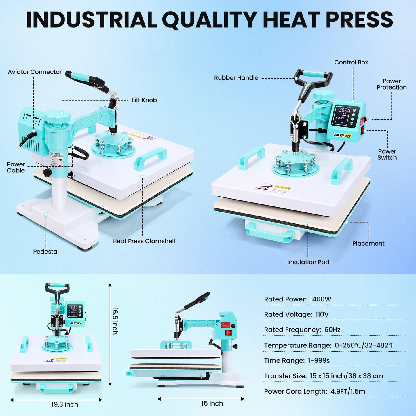 AKEYDIY Upgraded Heat Press Machine 8 in 1 Combo 15 X15 Digital Multifunction Shirt Press Machine for T Shirts Sublimation Machine 360-Degree Swing Away Dual-Tube Heating for DIY T-Shirts Caps&Mugs