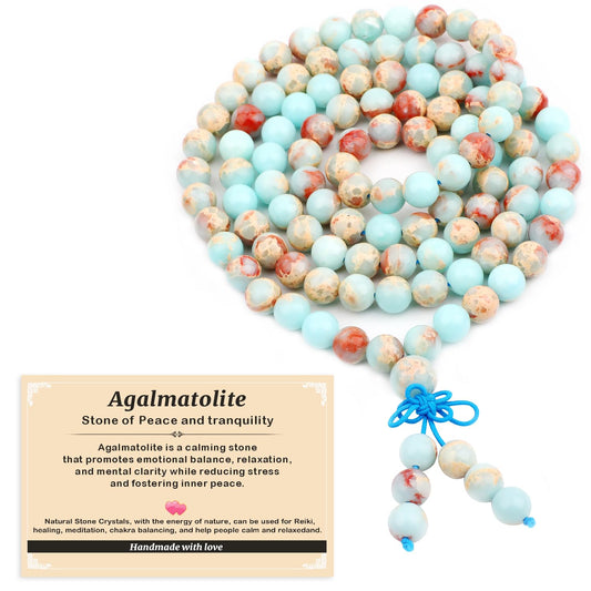 AD Beads 8mm 108 Prayer Mala Amazonite Elastic Bracelet - Unlock Your True Self - Handmade Yoga Meditation Healing Power Energy Gifts for Unisex Adult.