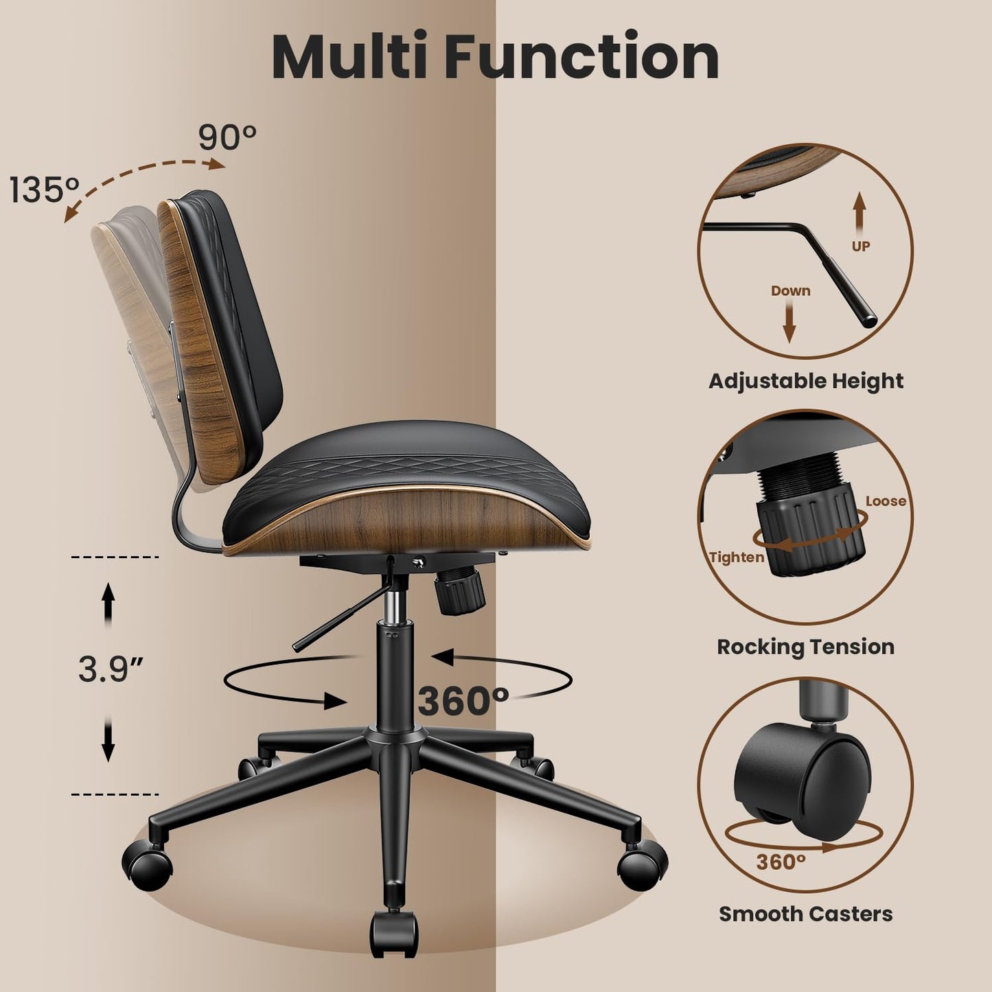 YaFiti Armless Office Chair, Mid Century Modern Desk Chair with Walnut Wood Back & SGS Level 3 Gas Lift, Swivel PU Leather Computer Chair for Small Space, Home Office, Bedroom, 300lbs Cap, Black