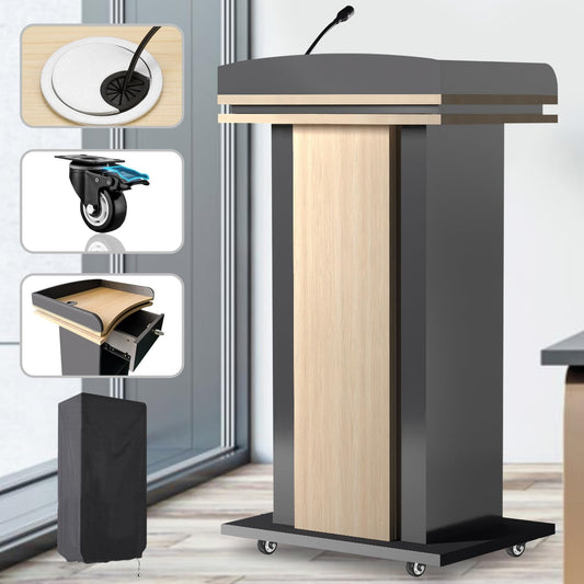 Wooden Podium Stand with Wheels, Pulpitos para Iglesias, Double-Layer Storage Pulpit, Lockable Drawer, Comes with Dust Cloth Durable and Mobile Lectern, Suitable for Churches, Classrooms,Conference.