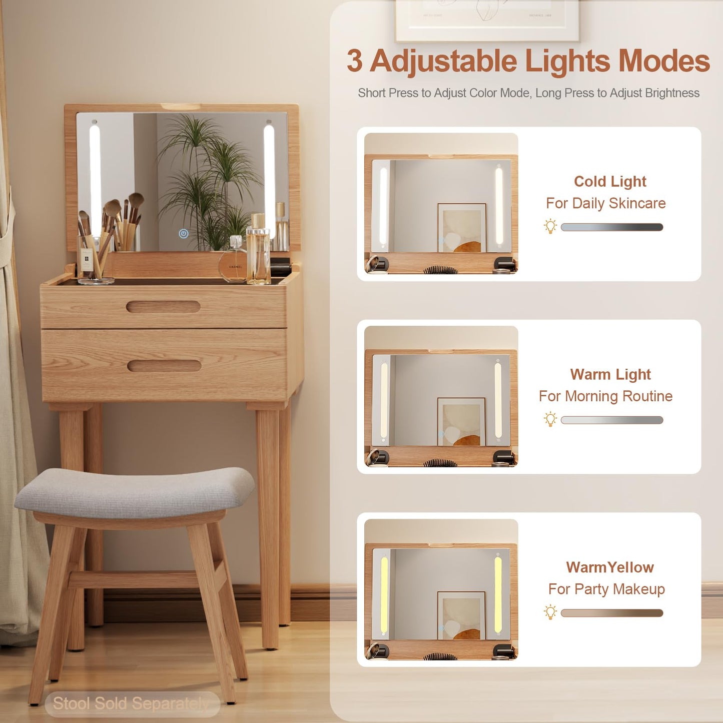 Muwuele Small Vanity Desk and Vanity Stool Bundle, Vanity Set with Mirror and Stool and Lights, Solid Wood Vanity Desk and Chair Set, Makeup Vanities & Vanity Benches (Vanity 19.6 inch Wide, Natural)