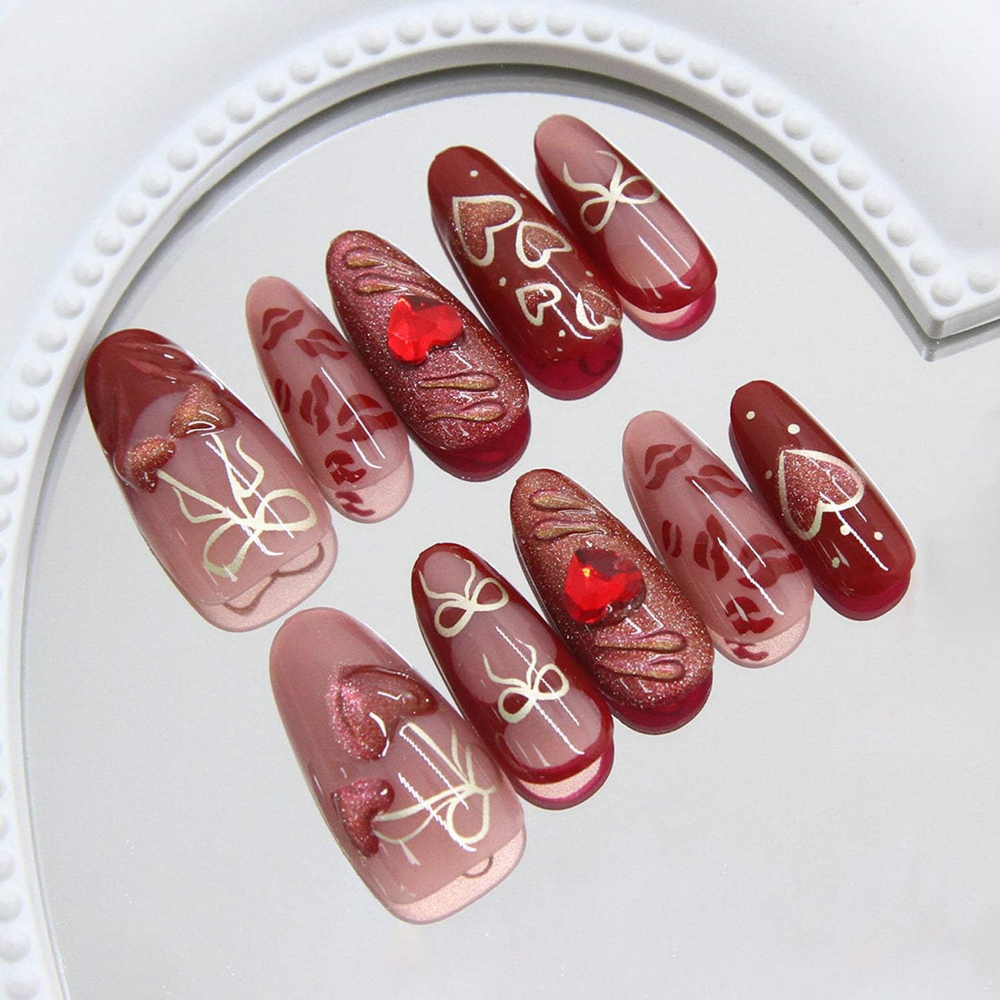 24pcs red Press on Nails Medium Almond Fake Nails with Luxury Glitter Love Heart Gems Design Fashion Retro Red Almond False Nails Ins Simple Red Festive Holiday Nail Manicure for Women Acrylic Nail