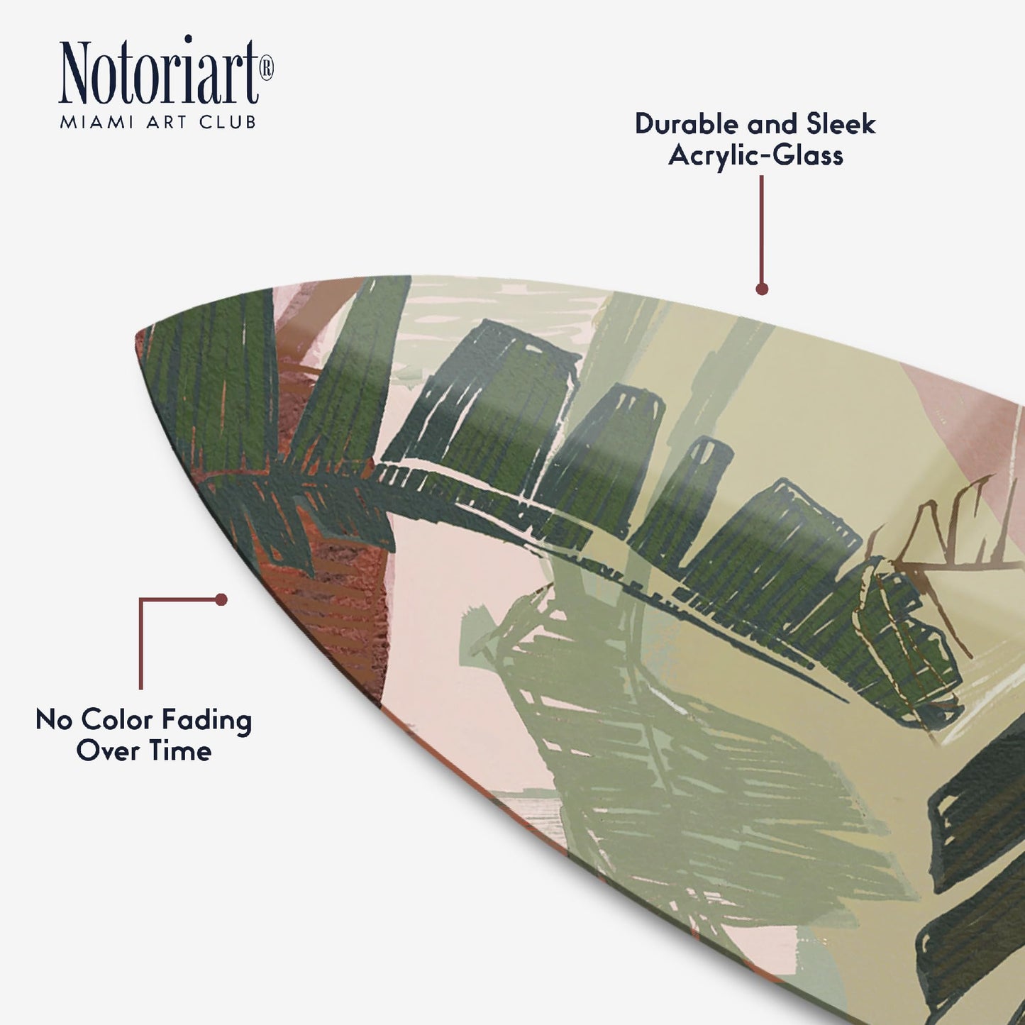 Notoriart Muted Botanical Surfboard Acrylic Wall Art Die-Cut Coastal Modern High-Gloss Home Decor, 15" x 60"